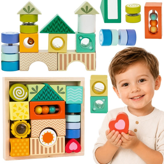 CLASSIC WORLD Fa érzékszervi építőelemek, 7 funkcióval, többfunkciós kirakós játék, formák és hangok, MONTESSORI, 14 darabos