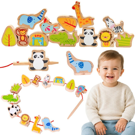 CLASSIC WORLD Fa fűzős építőelemek – ZOO, 13 darabos készlet