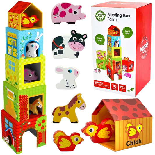 WOOPIE GREEN „Farm a dobozokban” kockás kirakós + figurák, 10 darabos