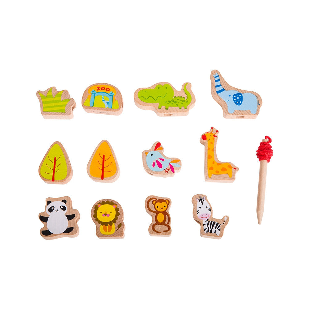 CLASSIC WORLD Fa fűzős építőelemek – ZOO, 13 darabos készlet