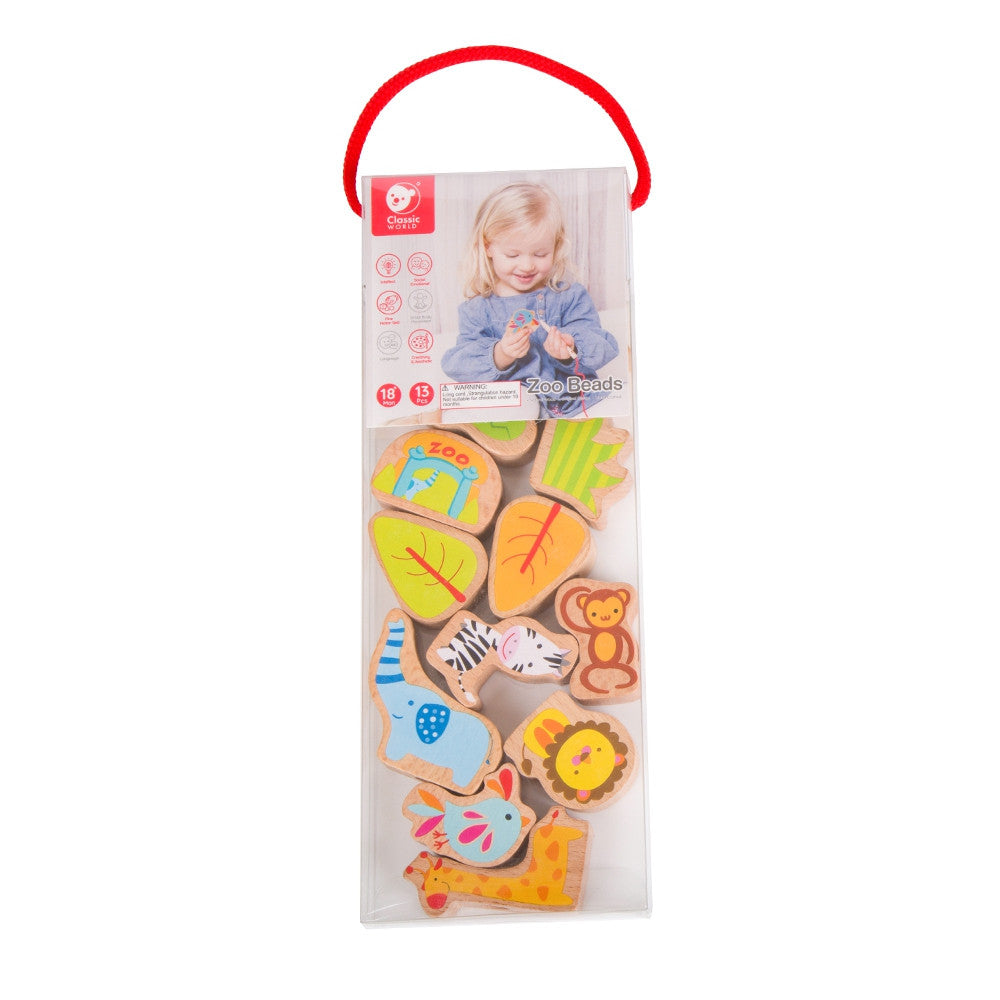 CLASSIC WORLD Fa fűzős építőelemek – ZOO, 13 darabos készlet