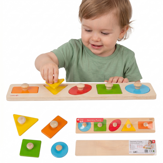 CLASSIC WORLD Fa geometriai kirakós MONTESSORI alakzatválogató, színismeret-fejlesztő, 6 darabos