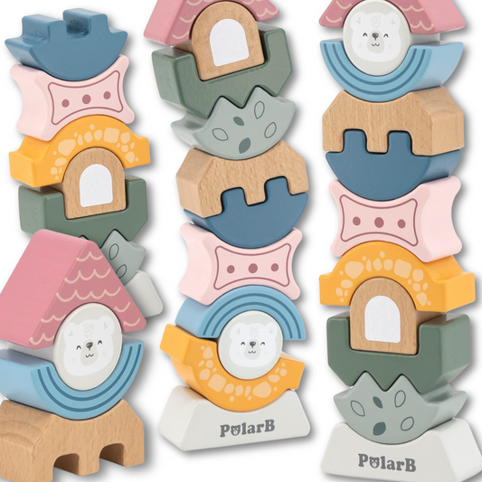 VIGA PolarB Fa Egyensúlyozó Torony – Montessori Építőjáték Állatfigurákkal 18 Hónapos Kortól