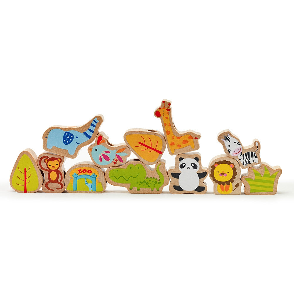 CLASSIC WORLD Fa fűzős építőelemek – ZOO, 13 darabos készlet