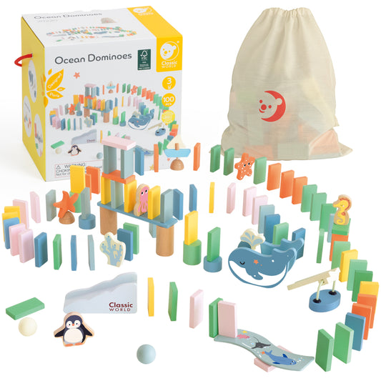 CLASSIC WORLD Fa dominó – Logikai akadálypályás kirakós játék (Montessori) 100 darabos