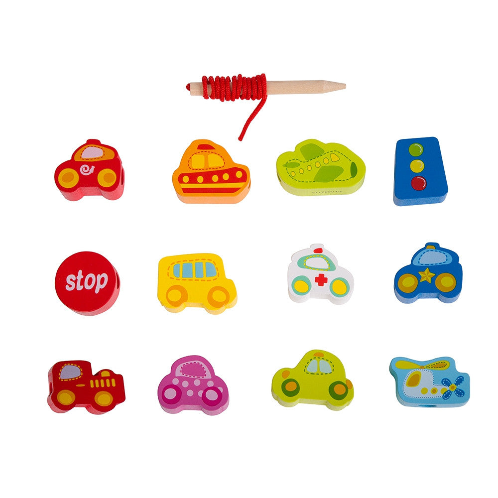CLASSIC WORLD Fa fűzőkockák – Közlekedés, 13 darabos készlet