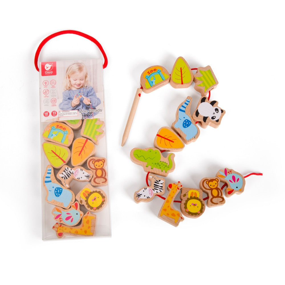 CLASSIC WORLD Fa fűzős építőelemek – ZOO, 13 darabos készlet