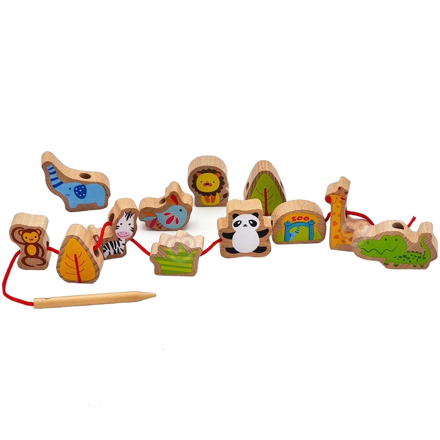 CLASSIC WORLD Fa fűzős építőelemek – ZOO, 13 darabos készlet