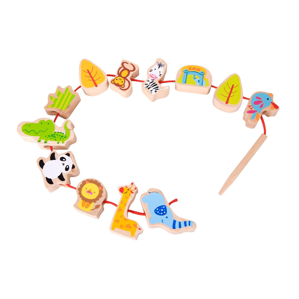 CLASSIC WORLD Fa fűzős építőelemek – ZOO, 13 darabos készlet